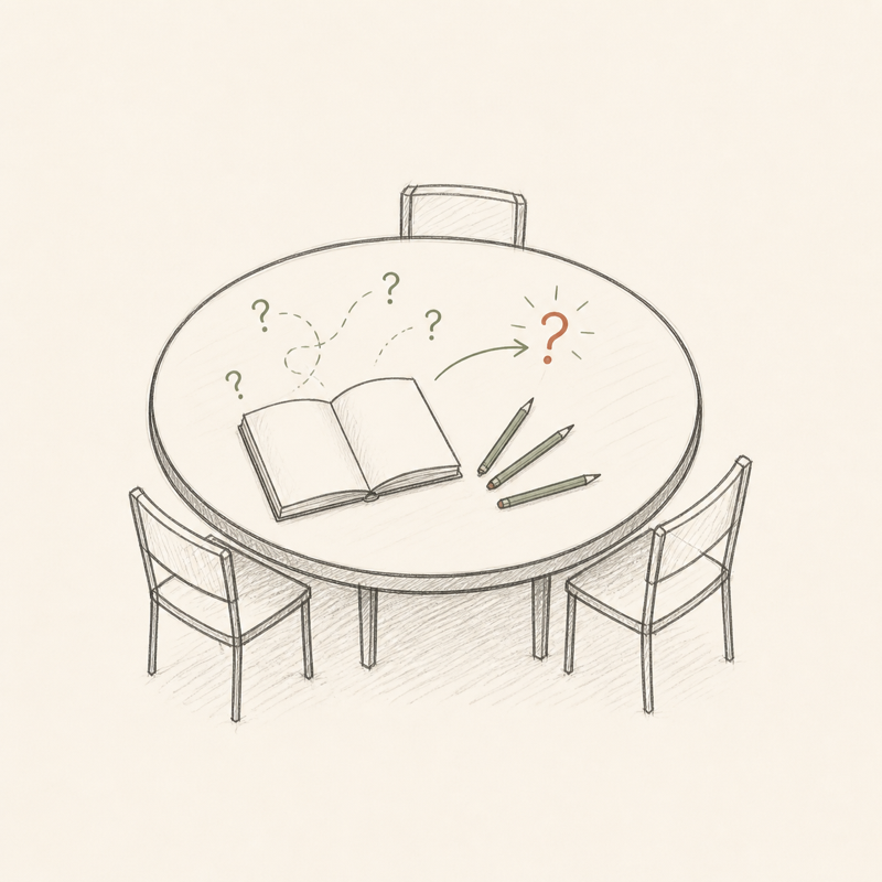 Sketch of a cafe table with a notebook, pencils, arrows, and question marks.