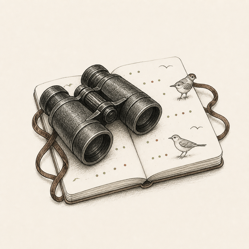 Sketch of binoculars resting on a bird-sighting notebook.