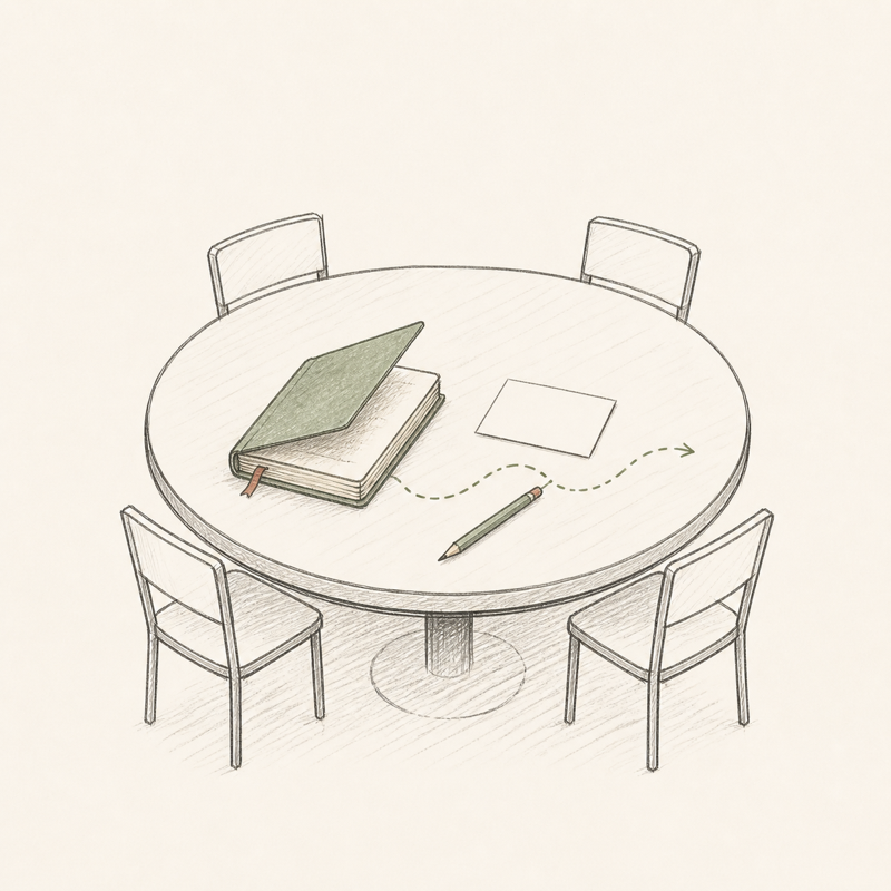 Sketch of an old notebook reopening beside a blank card and a path drawn forward.
