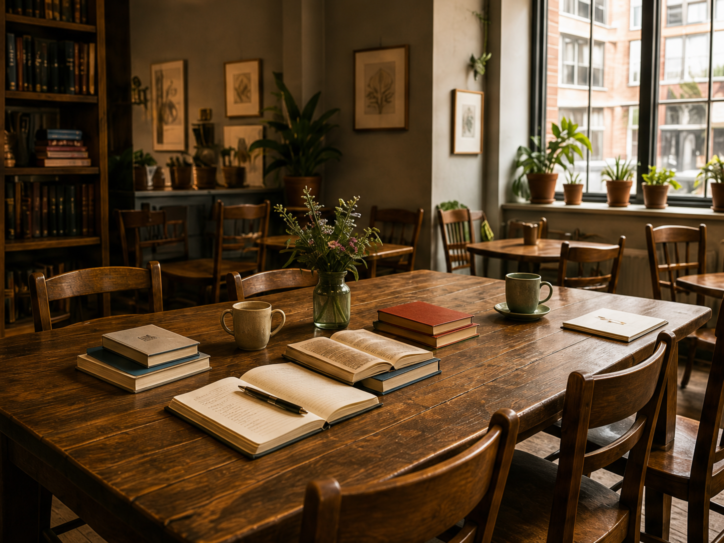 Warm neighborhood coffeehouse with a long wooden community table, empty chairs, books, notebooks, and coffee.