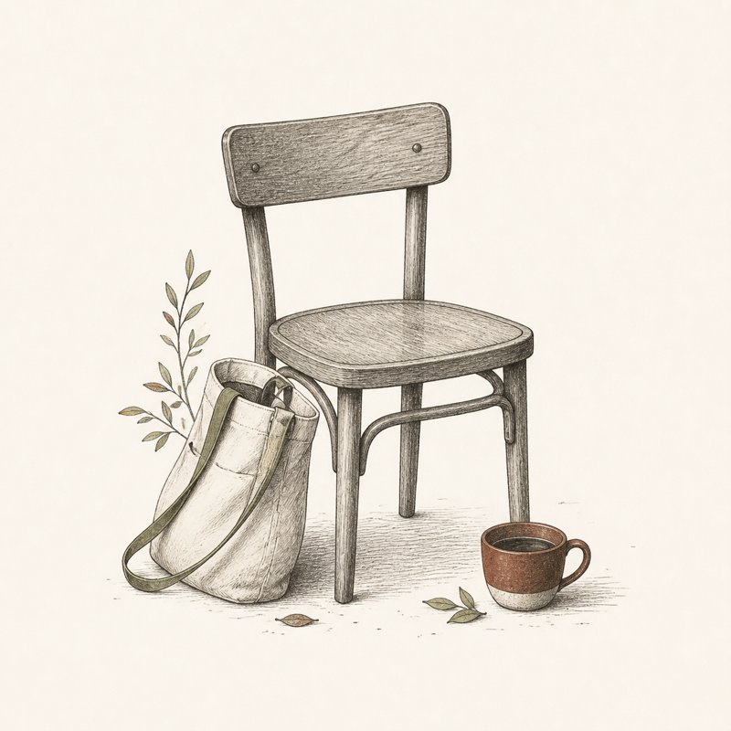 Sketch of a welcoming empty coffeehouse chair, canvas bag, and coffee cup.