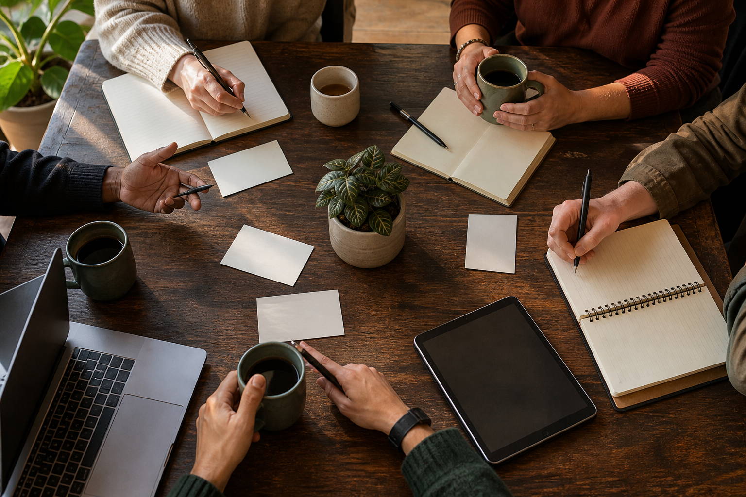 Generated illustration of adults gathered around a coffeehouse table with notebooks, blank cards, coffee, and a small amount of technology.