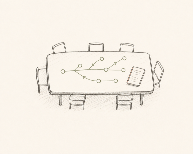 Sketch of a long table holding a branching pencil map.