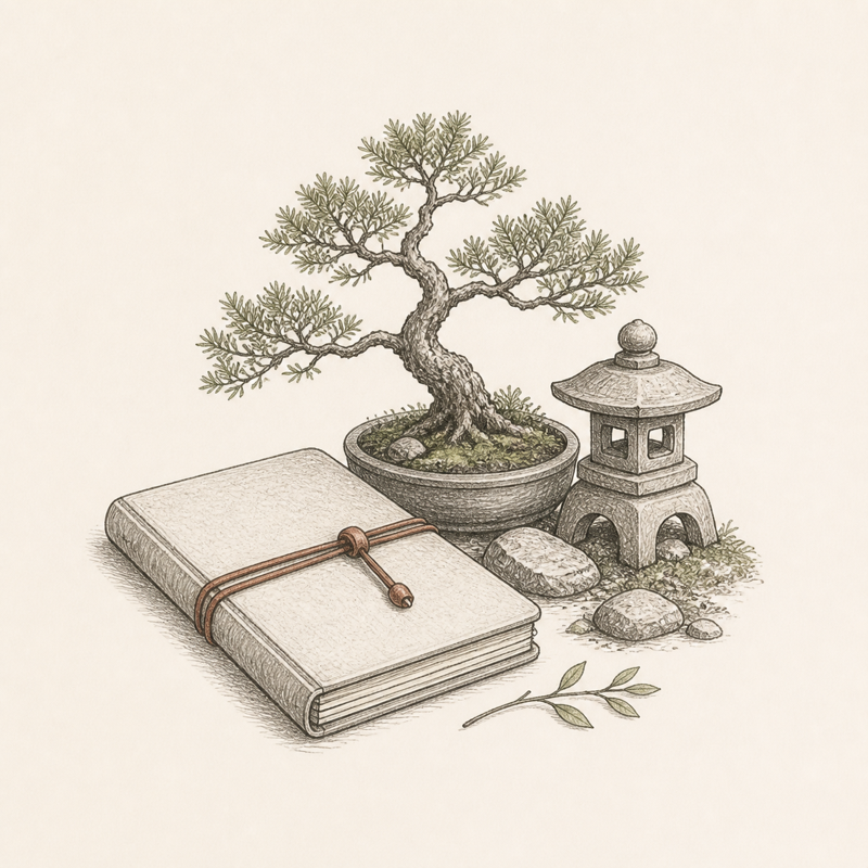 Sketch of a bonsai, garden lantern, stones, and pocket notebook.