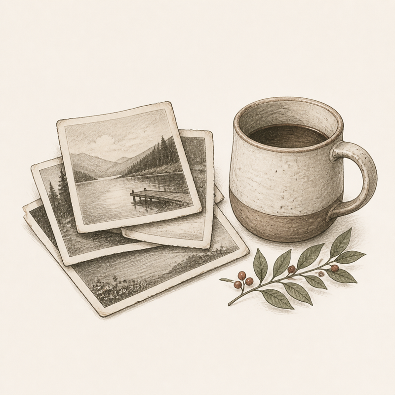 Sketch of old family photographs beside a coffee mug.