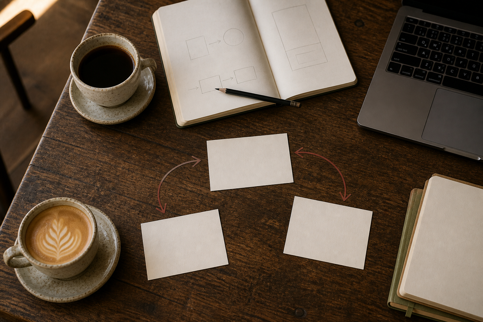 Coffeehouse table with coffee, notebooks, a laptop, and blank curiosity cards connected by pencil arrows.