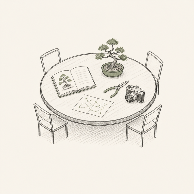 Sketch of a table with a bonsai, book, camera, pruning shears, and star chart.