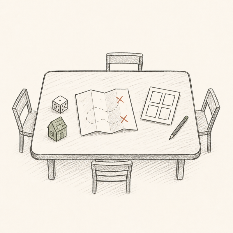 Sketch of a table with dice, a map, comic panels, and a tiny paper model.