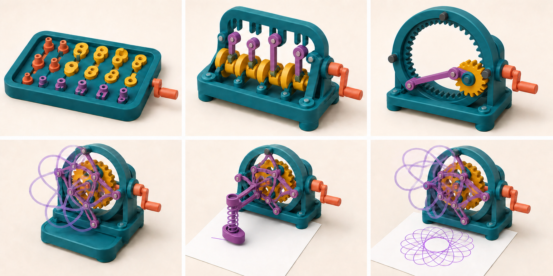Six concept panels showing fit calibration, a hand-cranked cam garden, an internal rolling-gear test, a kinetic Motion Rosette, a draw module, and a combined Draw and Dance continuation.