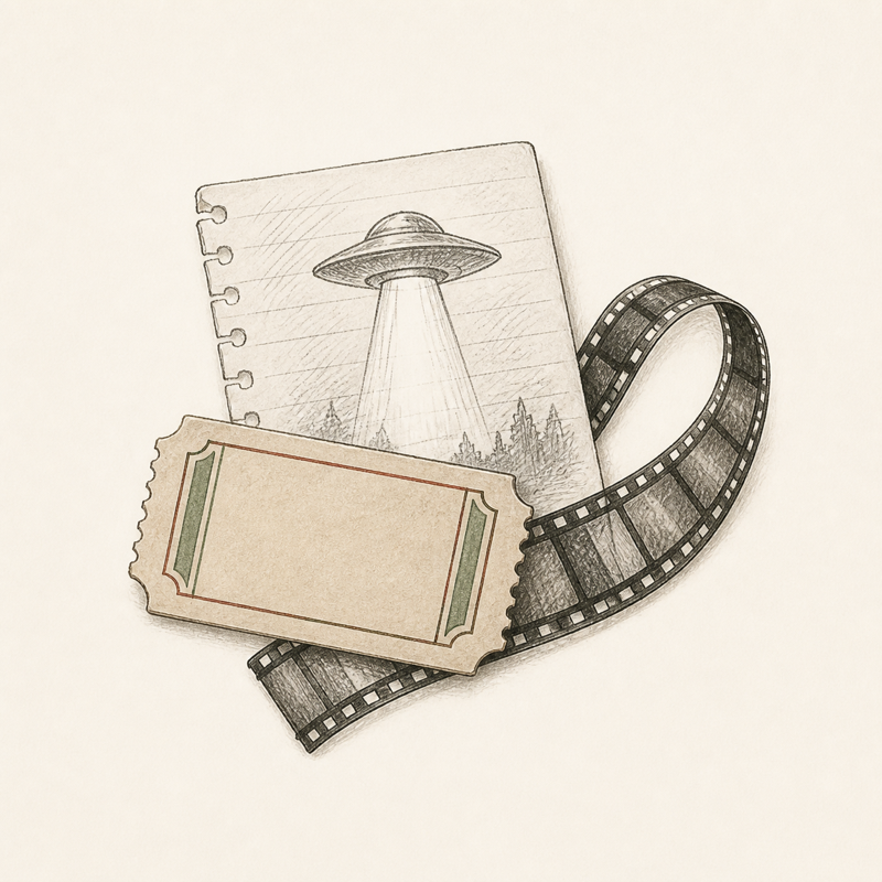 Sketch of an unmarked movie ticket, film strip, and science-fiction drawing.