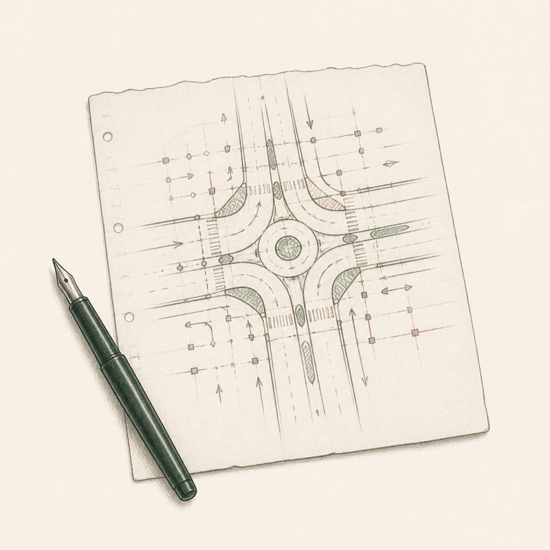 Sketch of a traffic-flow map and fountain pen.