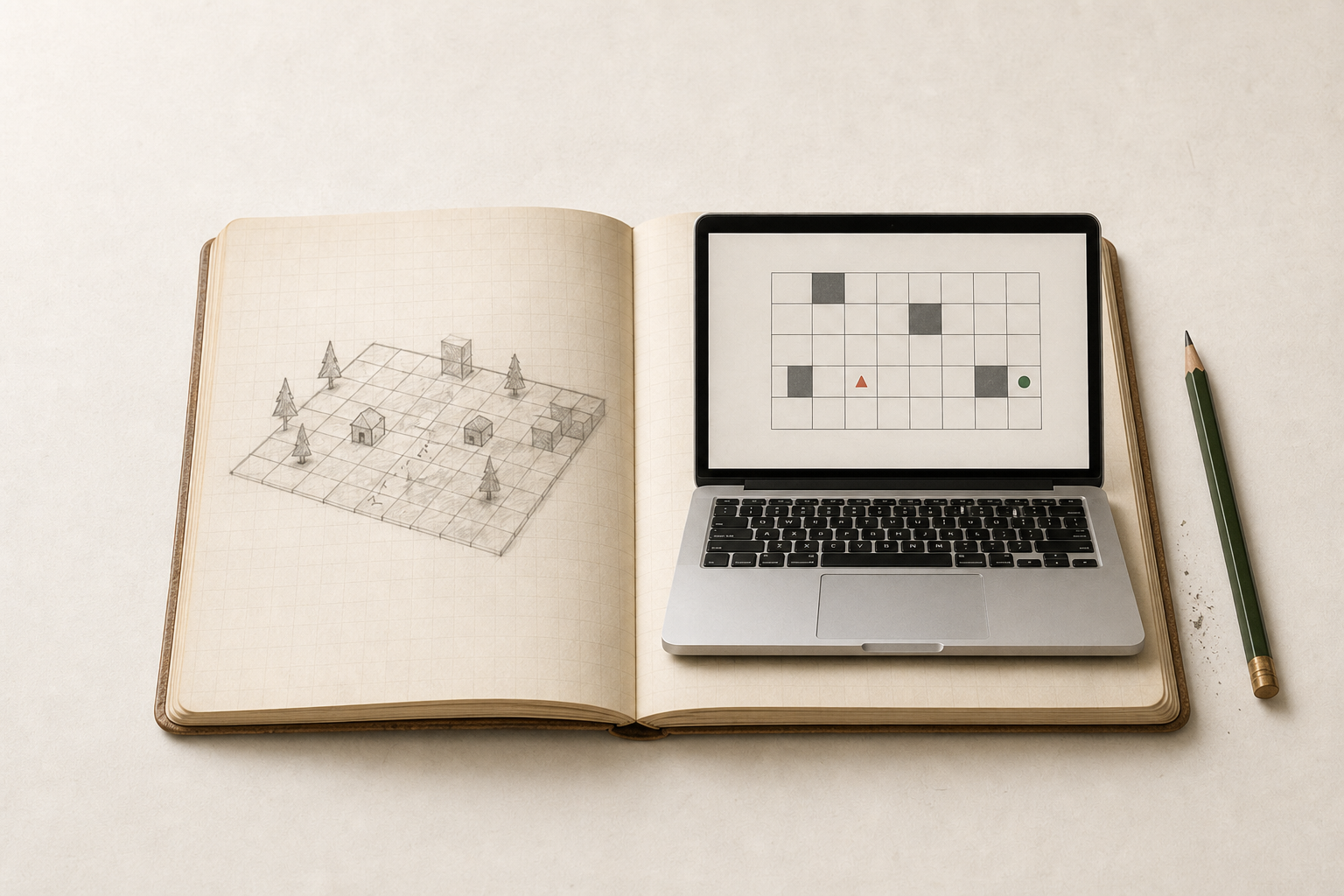 Open notebook showing a pencil-sketched tiny world beside a modest laptop displaying a simple grid-world experiment.