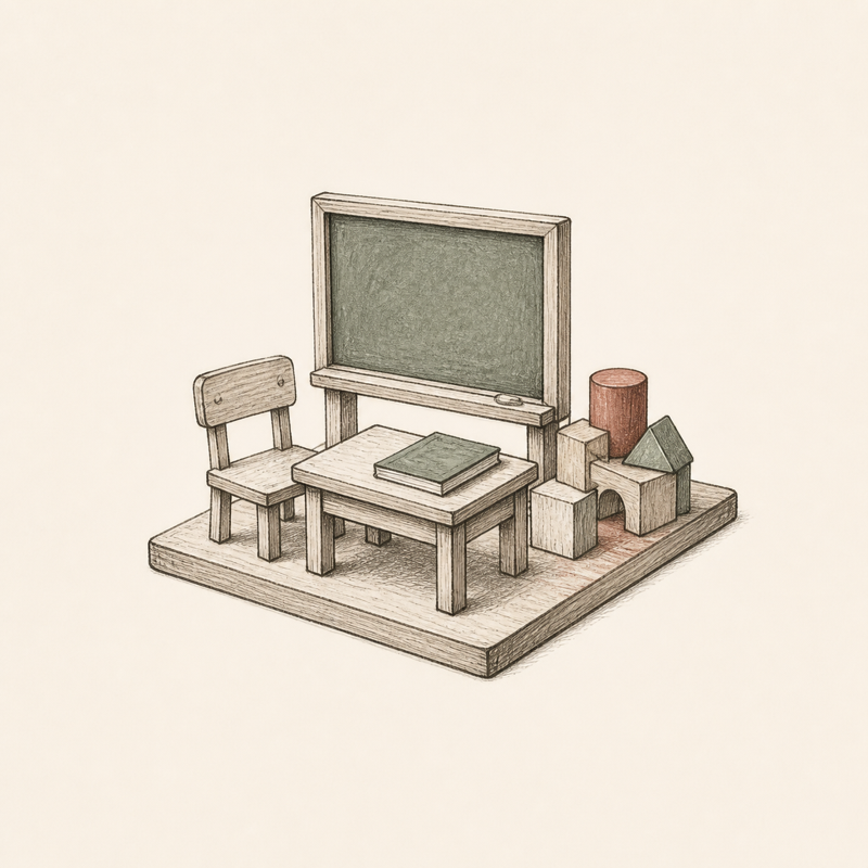Sketch of a tiny classroom model with a blank chalkboard and wooden blocks.