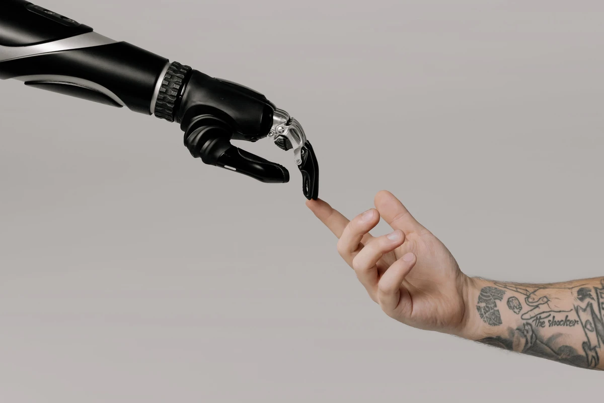A prosthetic hand and a human hand meeting fingertip to fingertip.