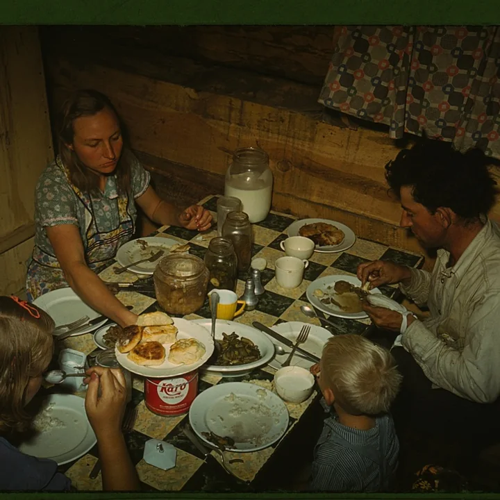 A family shares dinner around a small table in their home.