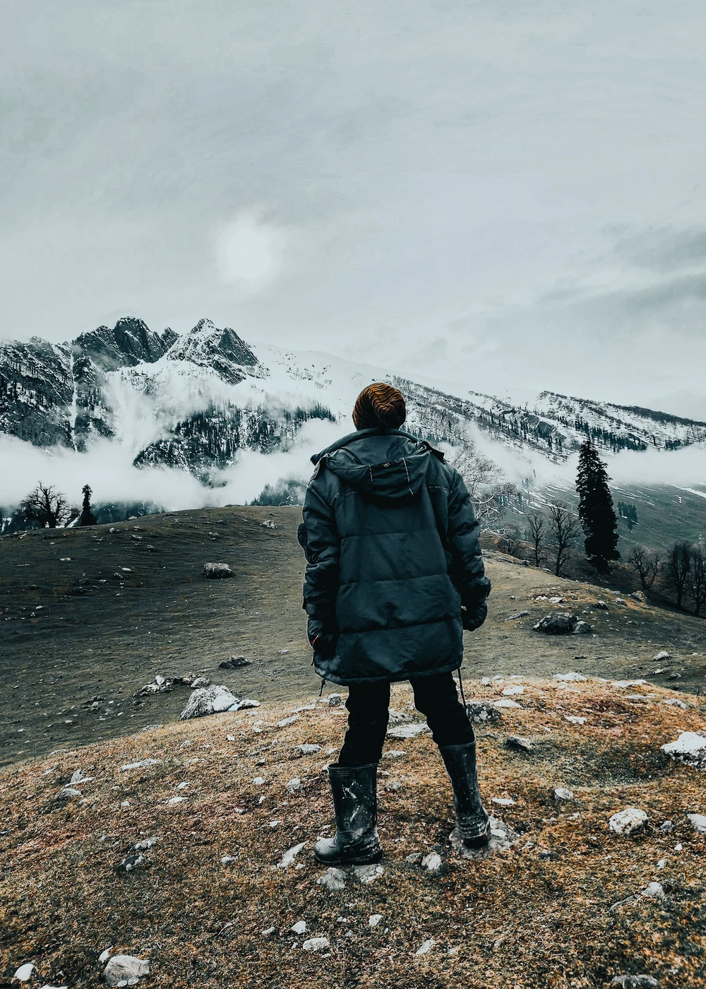 A person looking up at a snow-covered mountain.