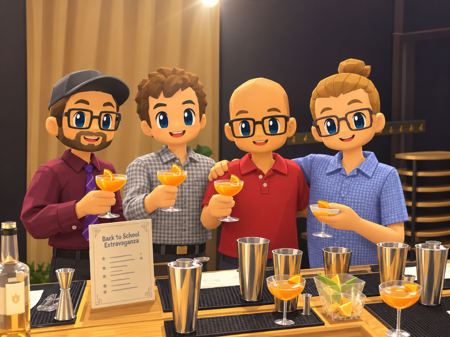 Illustrated portrait of four Renaissance Solutions team members smiling together at a bar, holding orange drinks.