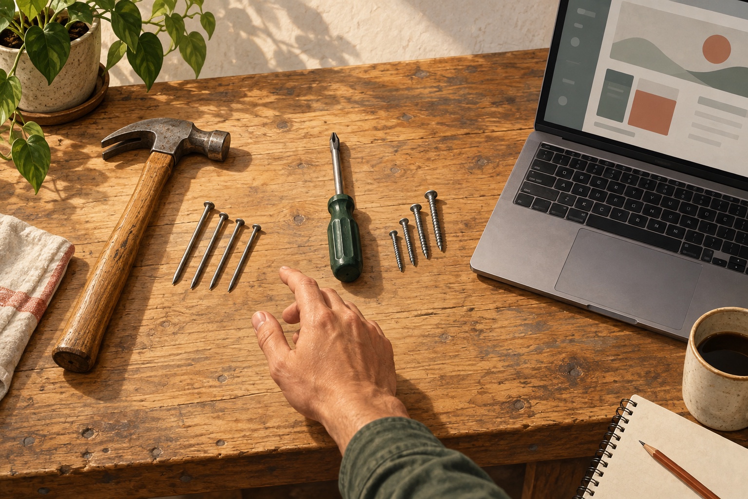 A hand choosing among a hammer, screwdriver, and laptop, with nails and screws beside their matching tools.