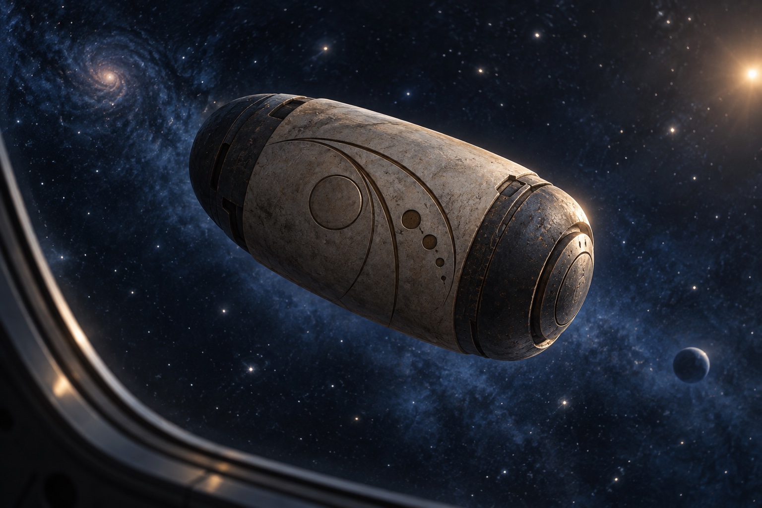 An imagined memorial capsule drifting among stars, viewed through an explorer's spacecraft window.