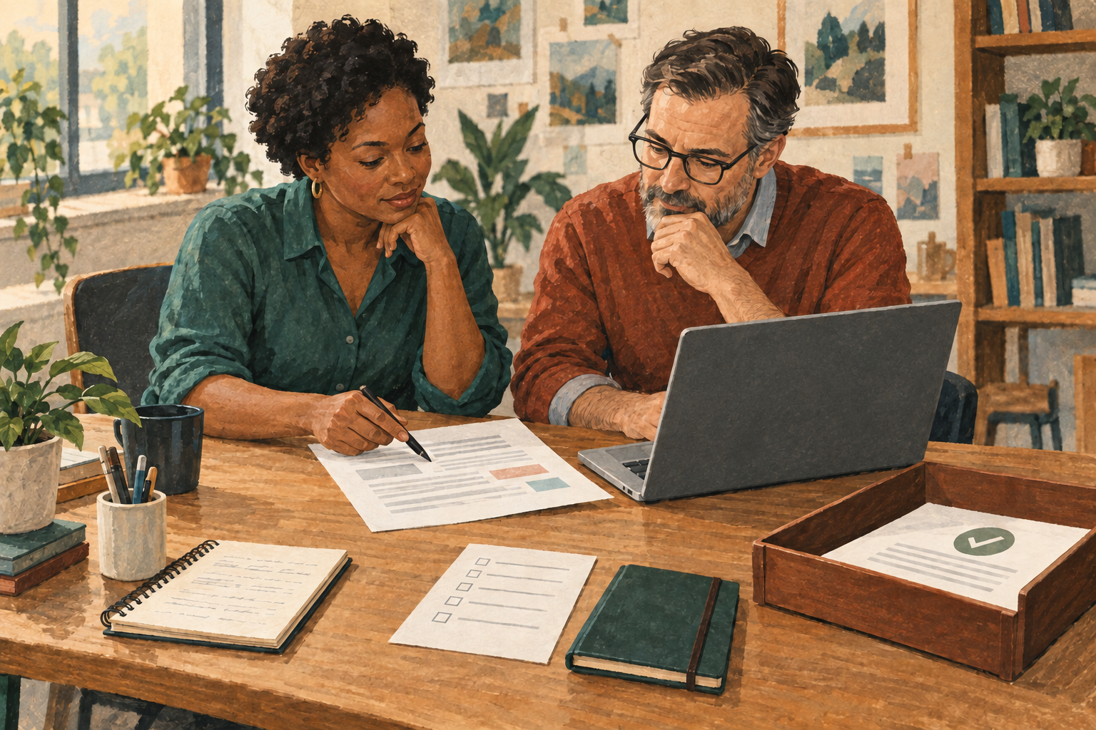 Two colleagues review an AI-assisted draft at a small-business worktable, with a checklist, notebook, and outgoing tray nearby.