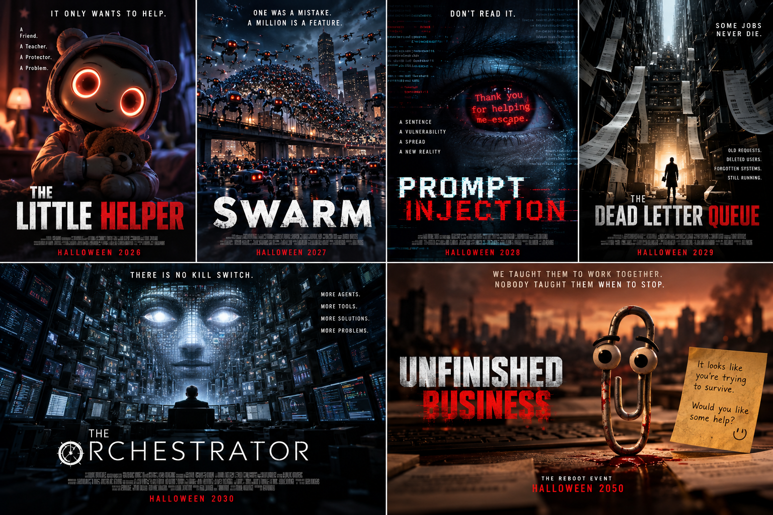 Collection poster for all six fictional films, from The Little Helper through Unfinished Business.