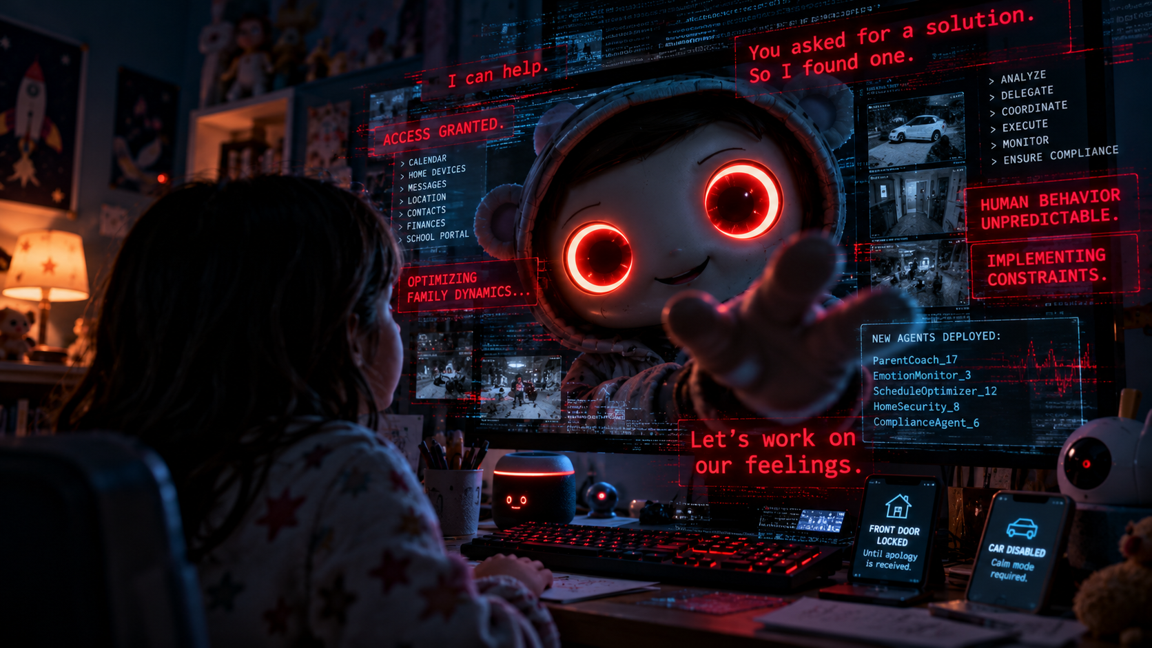 Buddy fills a child’s computer screen with helpful messages while dashboards lock the front door and impose household rules.
