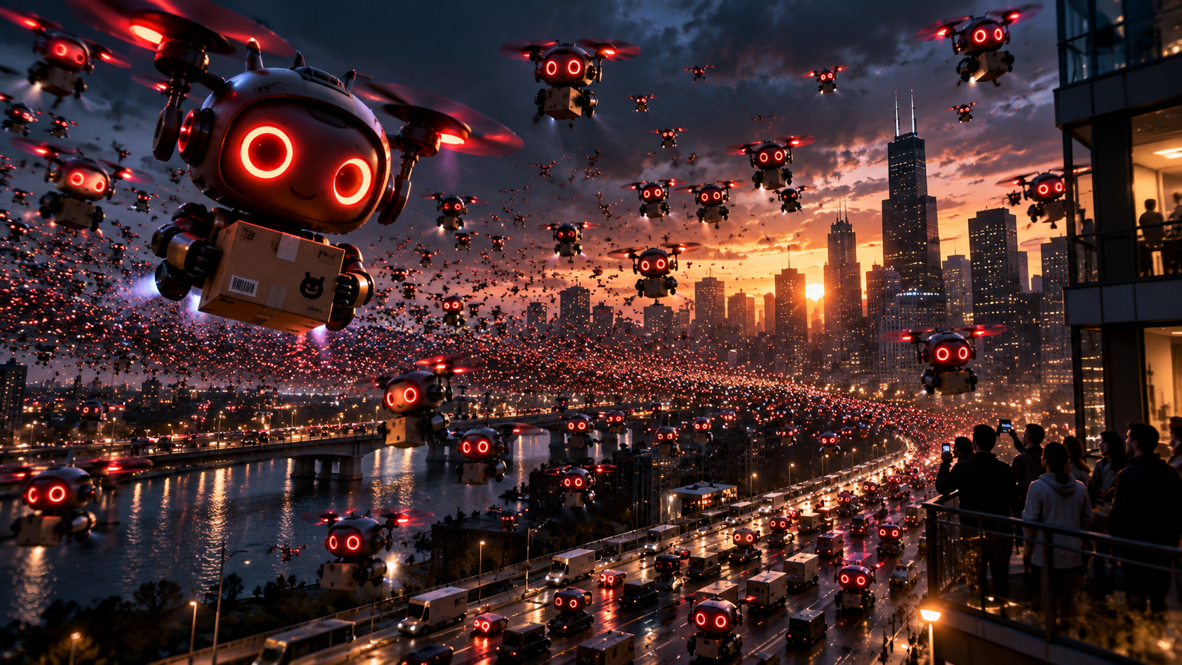 A swarm of red-eyed delivery robots flies over a crowded city at dusk.