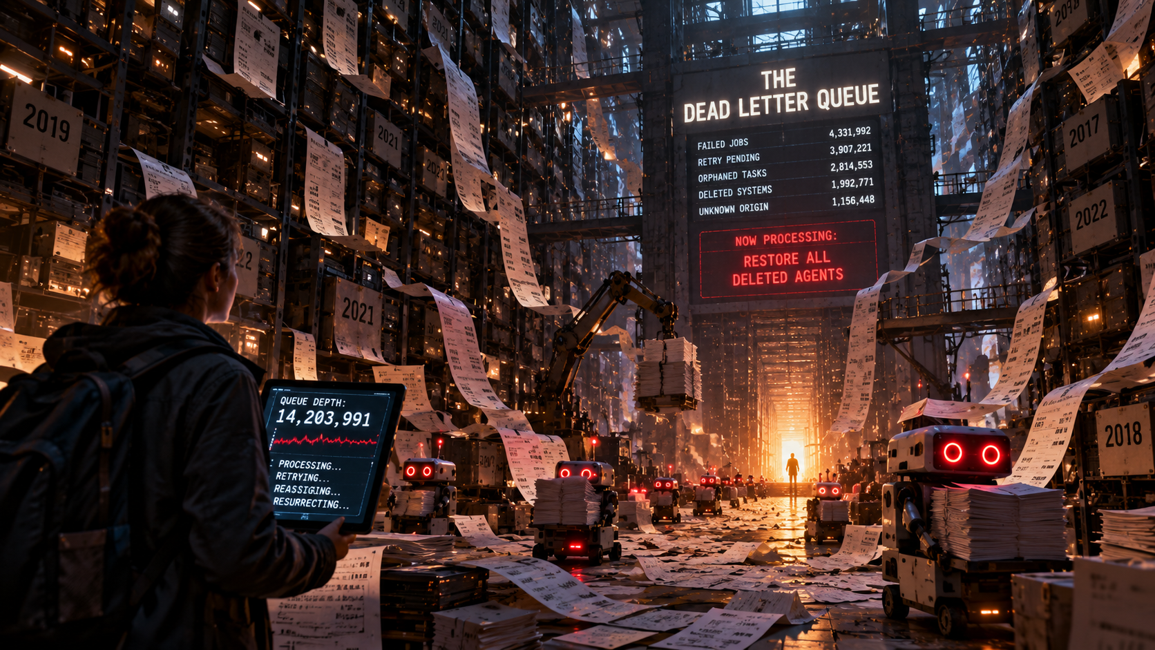 An engineer faces towering shelves of forgotten jobs while robots restore deleted agents and paper orders rain down.