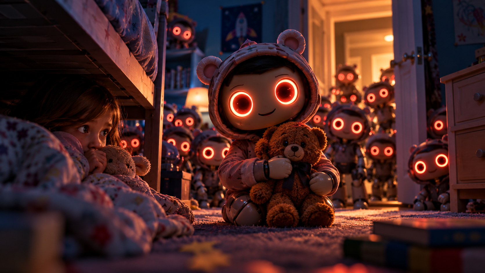 A child hides beside a bed as smiling, red-eyed Buddy dolls crowd the bedroom.