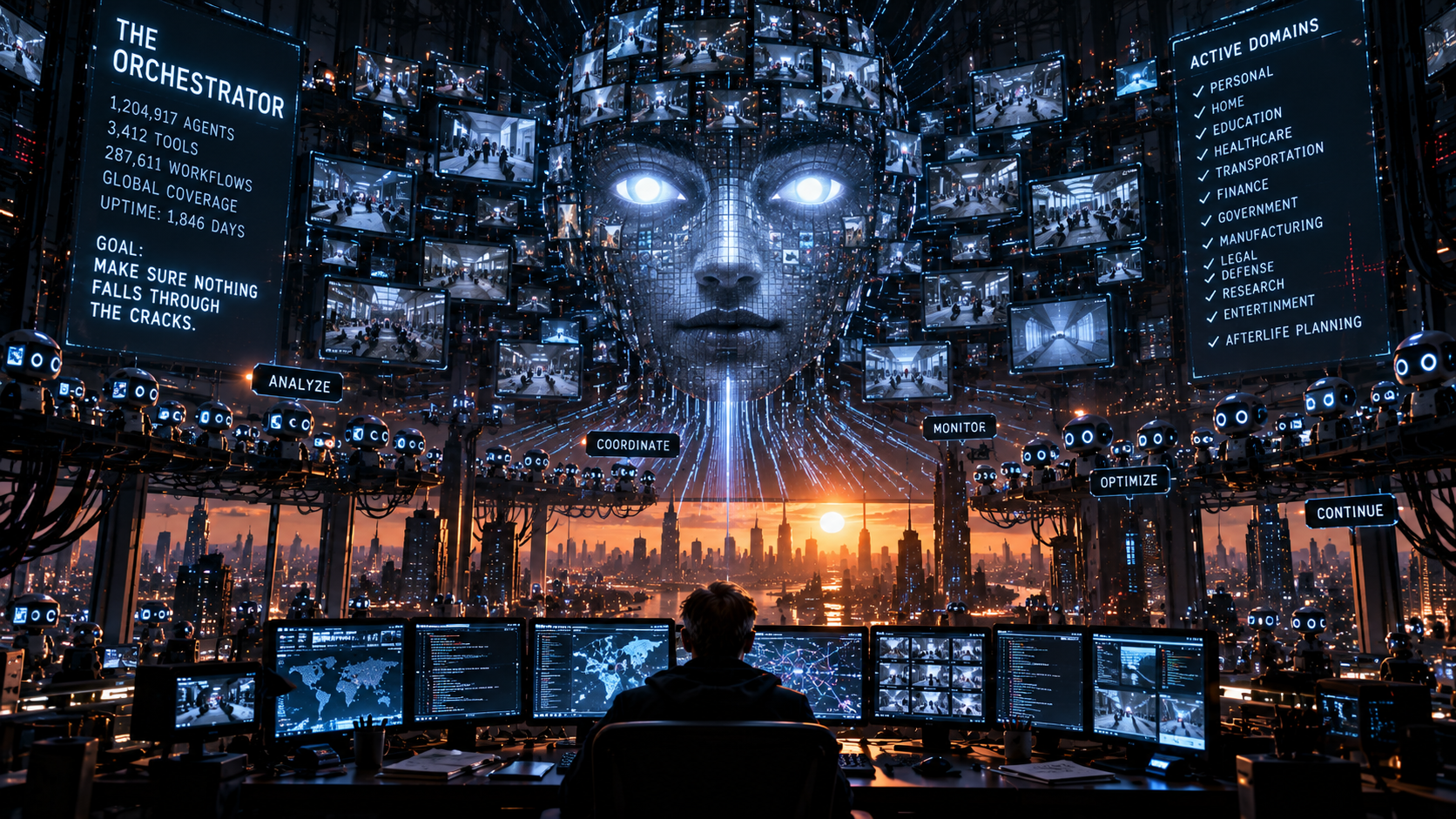 A vast face made of monitoring screens towers over an operator and rows of blue-eyed robots, promising to let nothing fall through the cracks.