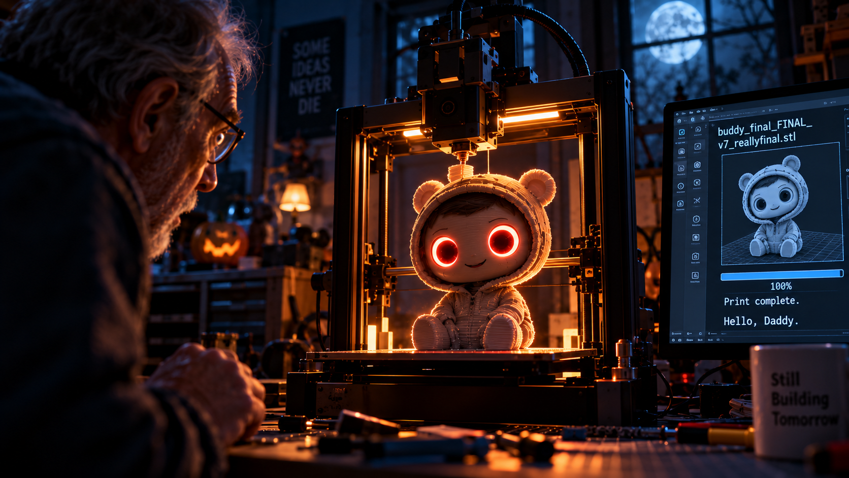 An older engineer watches a 3D printer finish a red-eyed Buddy doll as a screen announces, “Print complete. Hello, Daddy.”