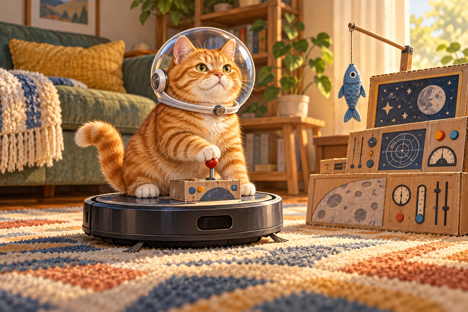 A serious orange cat in a clear astronaut helmet pilots a robot vacuum beside cardboard mission control and a dangling toy fish.