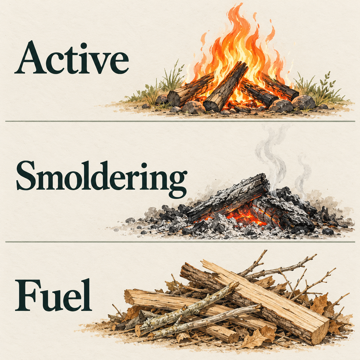 Three stacked illustrated panels: Active shows flames above wood; Smoldering shows glowing embers beneath ash with faint smoke; Fuel shows dry, unlit wood and twigs.