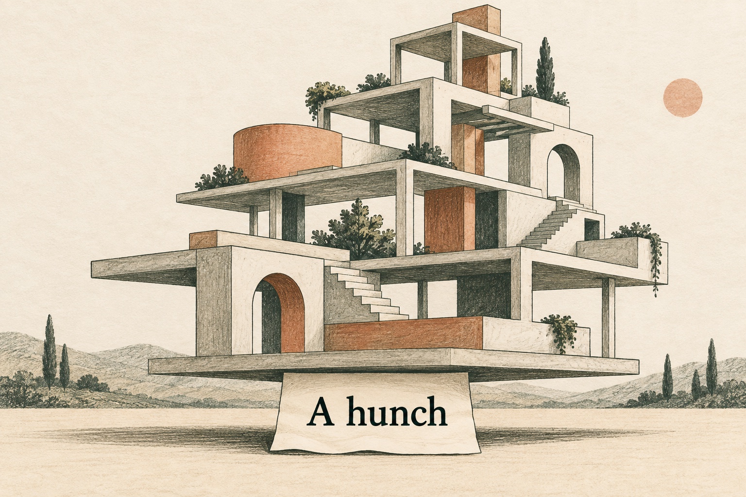 A paper note marked “A hunch” supports a growing architectural structure, suggesting how a tentative answer can become a foundation for later work.
