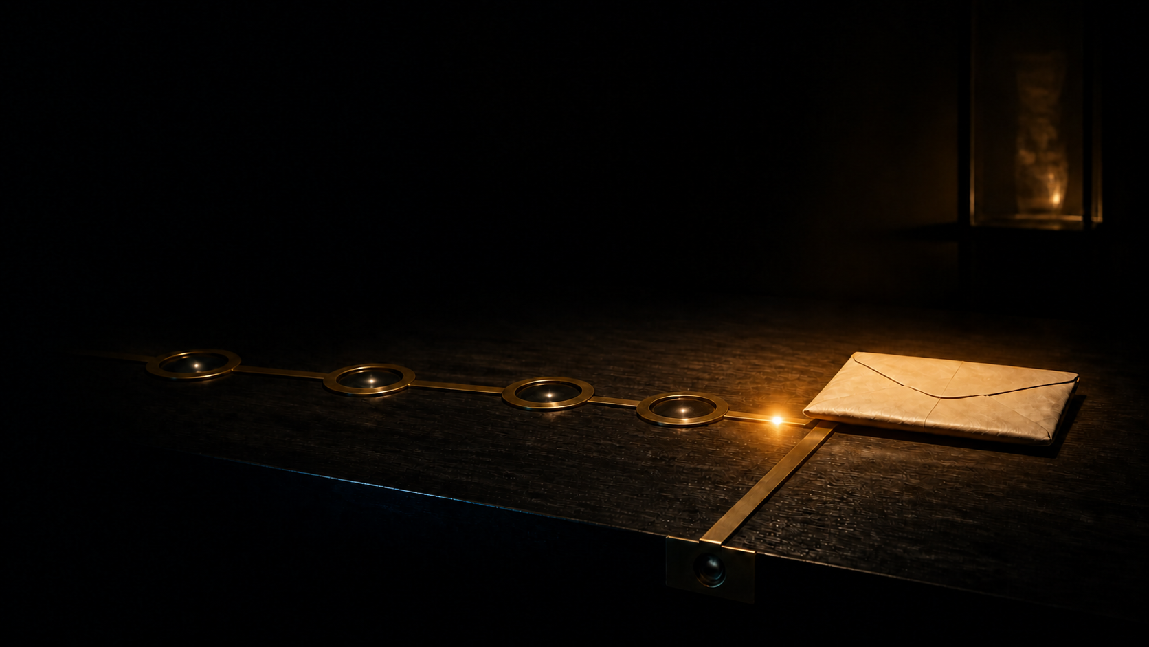 A sealed prediction rests beside a closed brass-track apparatus under an amber spotlight.