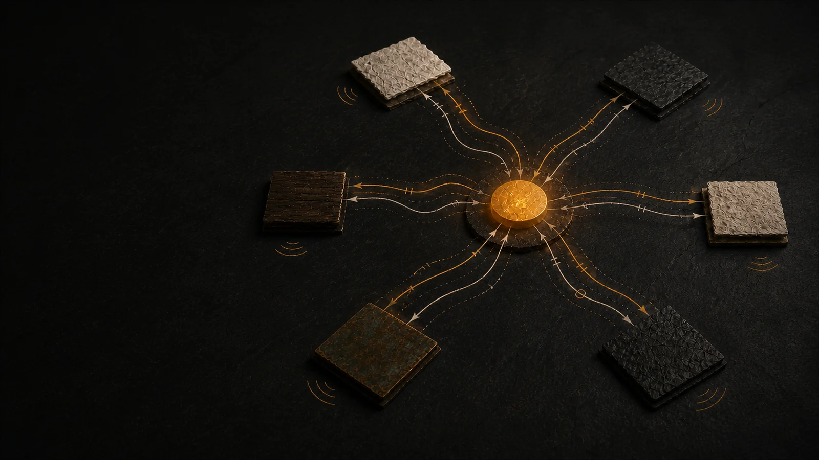 Six textured material plates exchange paired amber and ivory paths with a compact central hub, showing outward action and returning response.