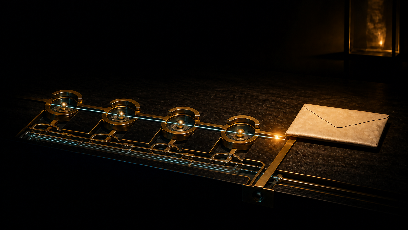 A stage apparatus opened into precise chambers, amber state lights, and a continuous blueprint reference line.