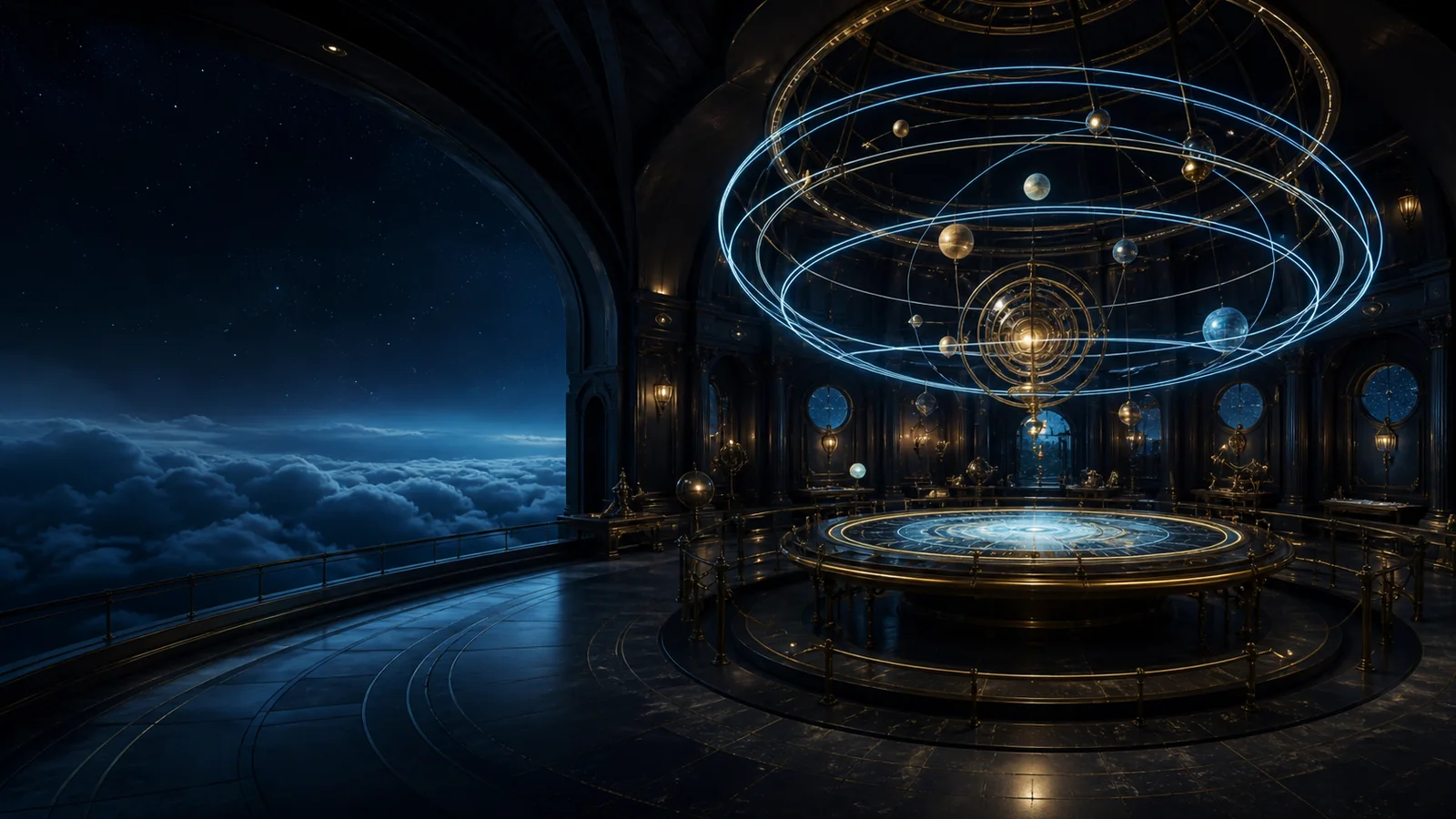 A night observatory above blue clouds, with a brass orrery surrounded by intersecting pale-blue celestial paths.