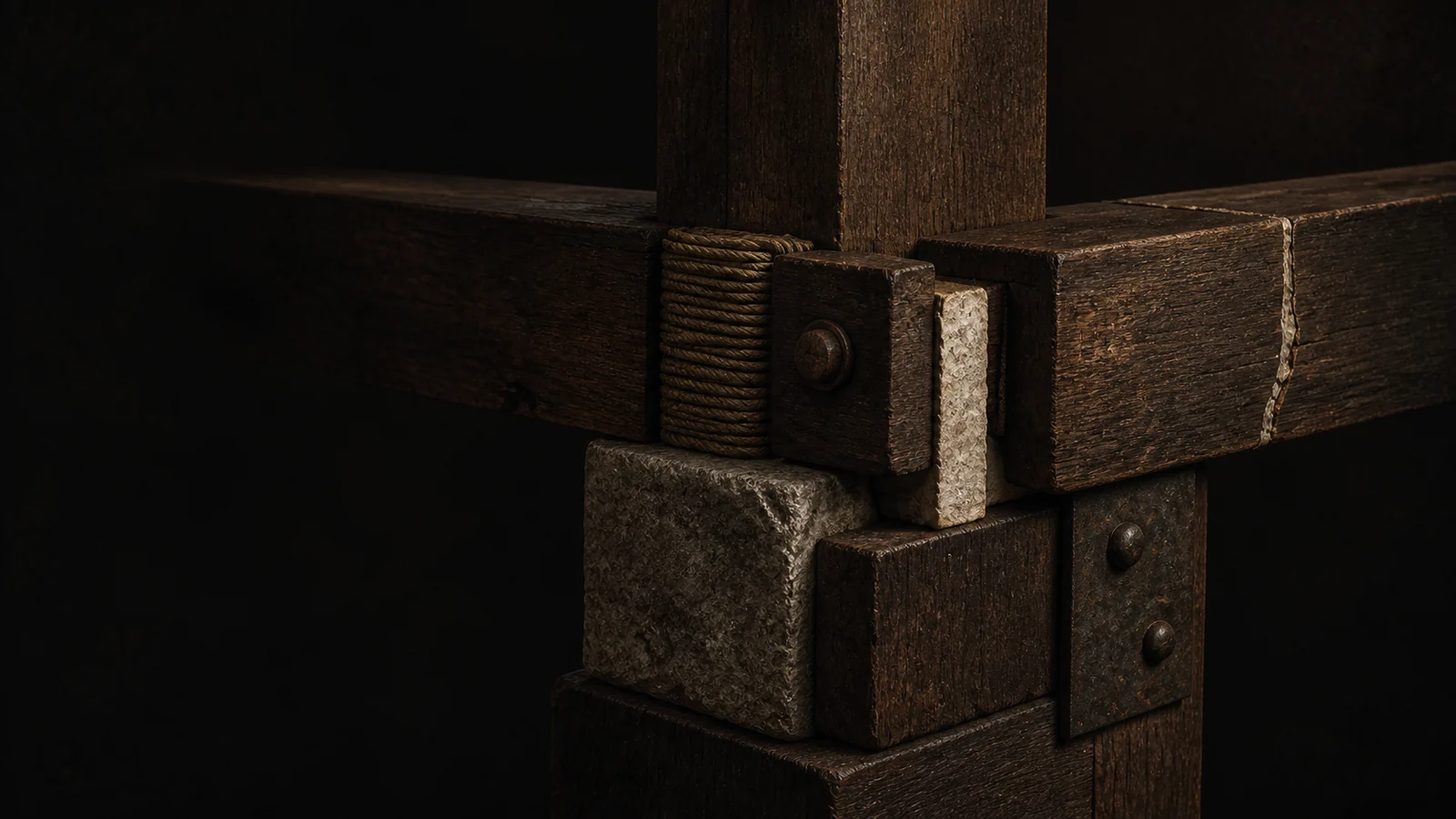 A close material study of a load-bearing joint made from dark timber, rope, stone, and a visible repaired fracture.