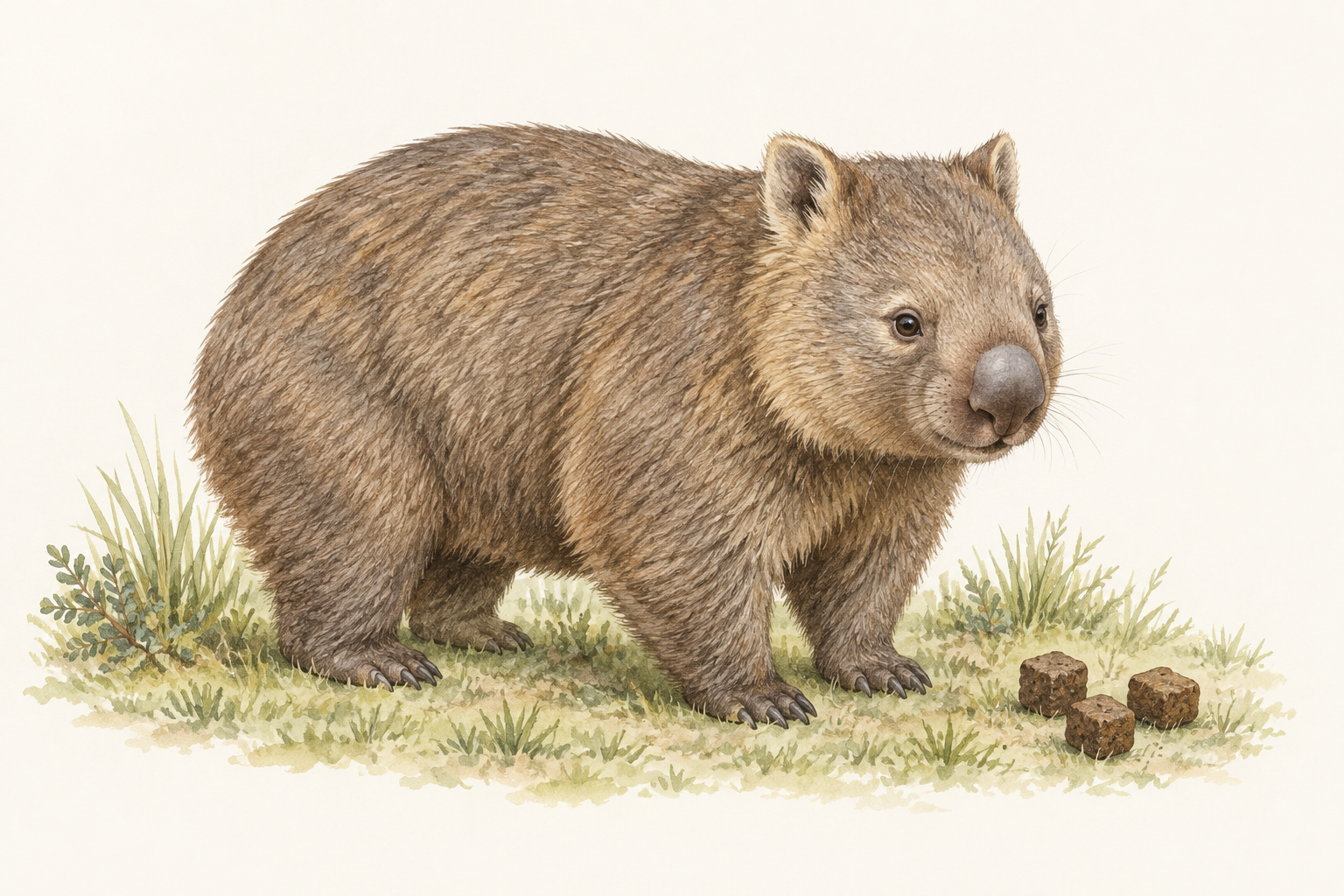 An illustrated bare-nosed wombat beside three irregular cuboid droppings.
