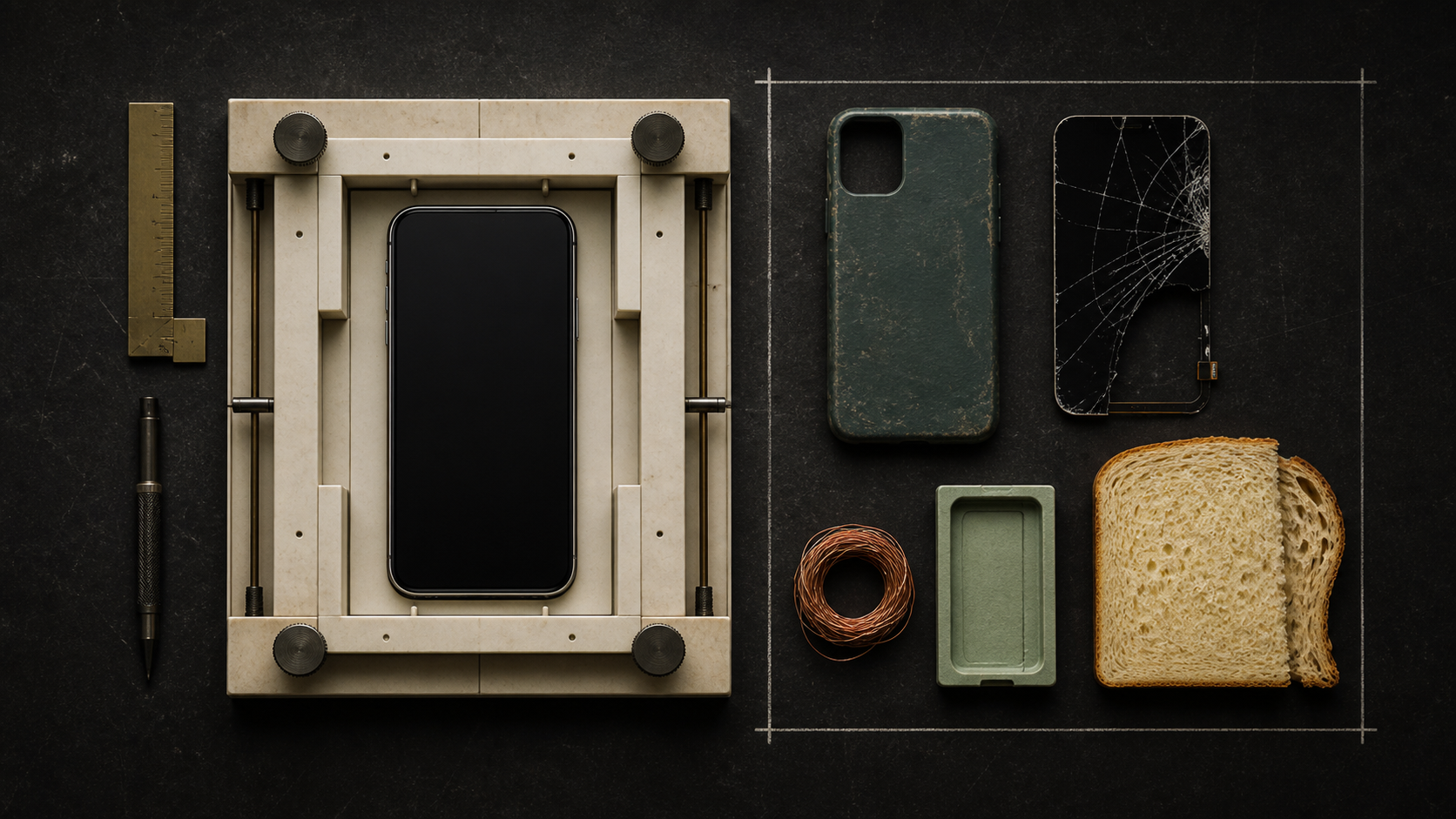 A phone sits in a precise ivory inspection jig while a case, cracked display, copper coil, packaging insert, and bread remain outside the measured frame.
