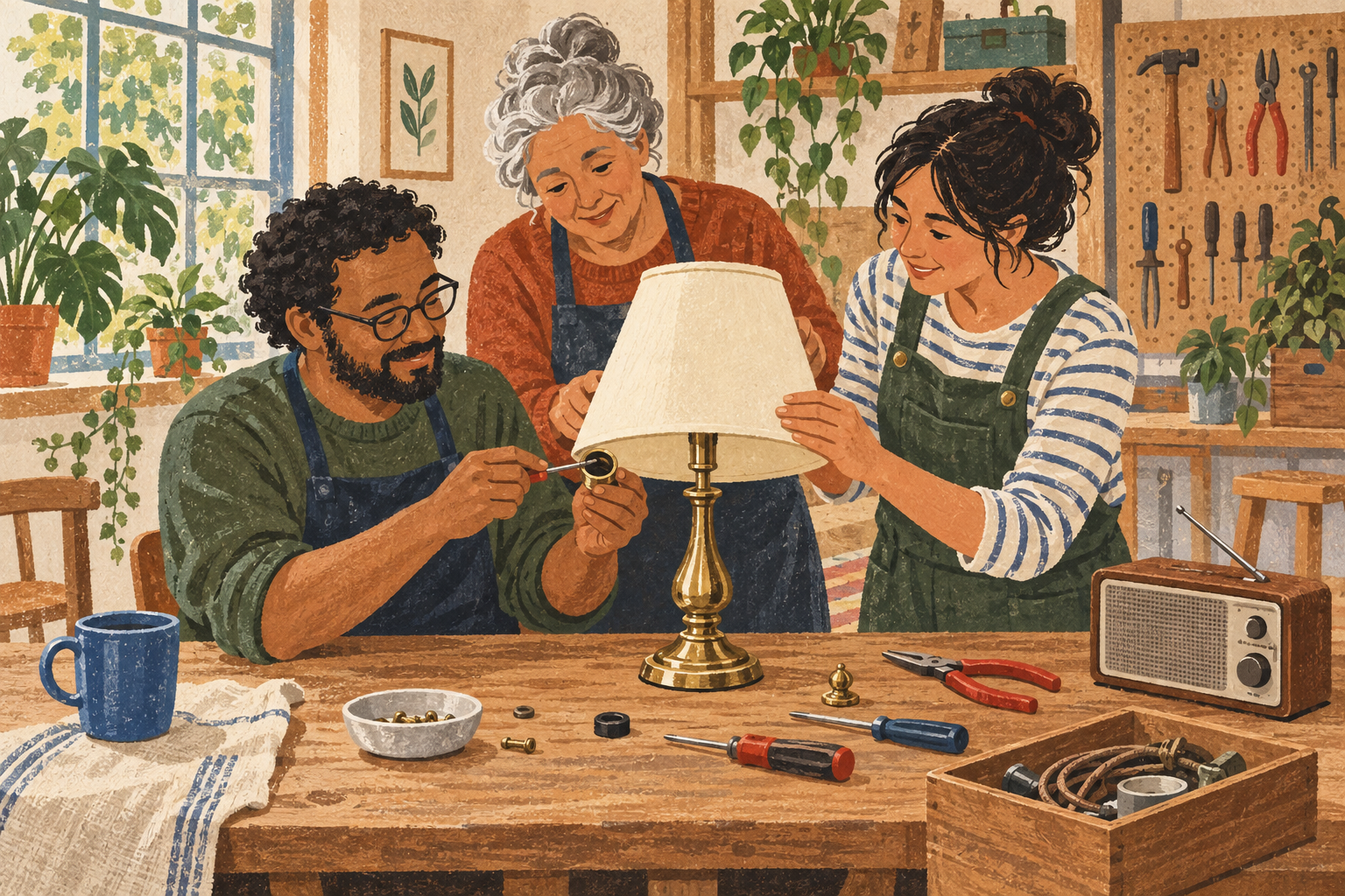 Three adults gather around a brass lamp at a repair-cafe workbench. A blue mug is at left and a radio at right; warm textured illustration.