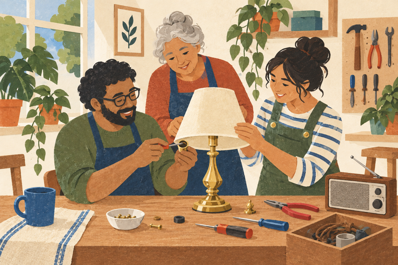 The same repair-cafe arrangement reinterpreted with flatter cut-paper shapes. Faces, clothing details, and object shapes change.