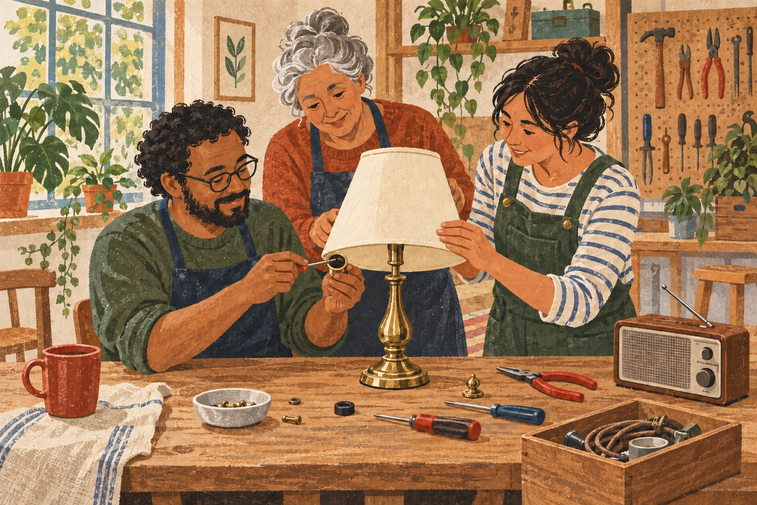 The blue mug becomes terracotta red while the group, brass lamp, and radio remain in a similar arrangement. Small differences elsewhere remain possible.