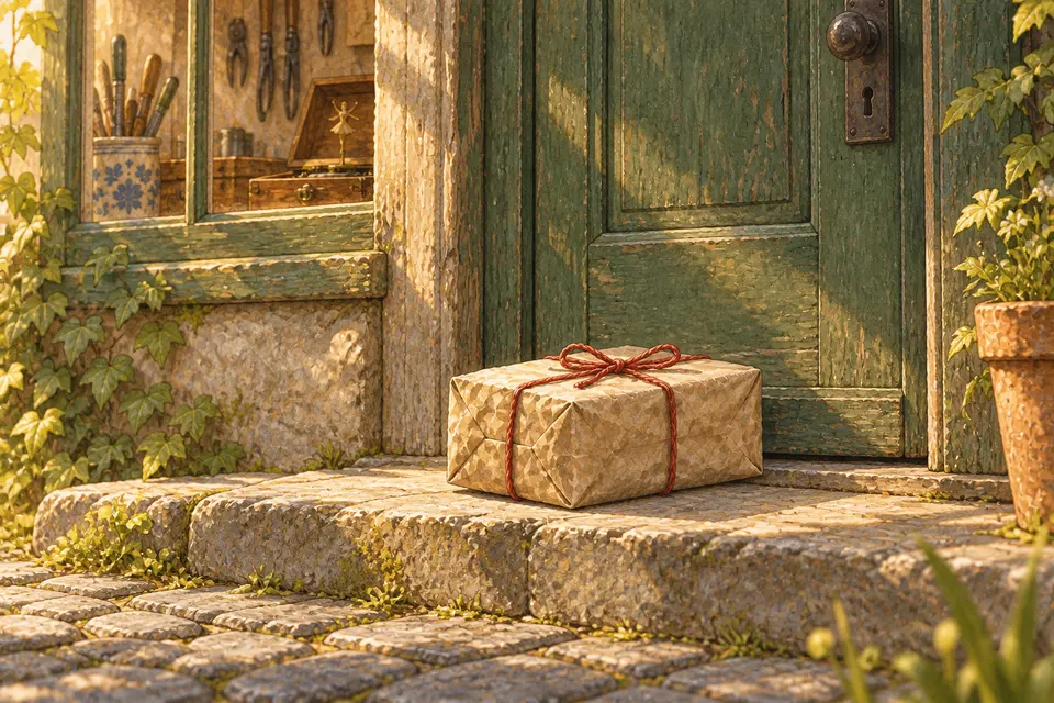 A brown-paper parcel tied with red string sits on the stone doorstep of a closed green repair-shop door.